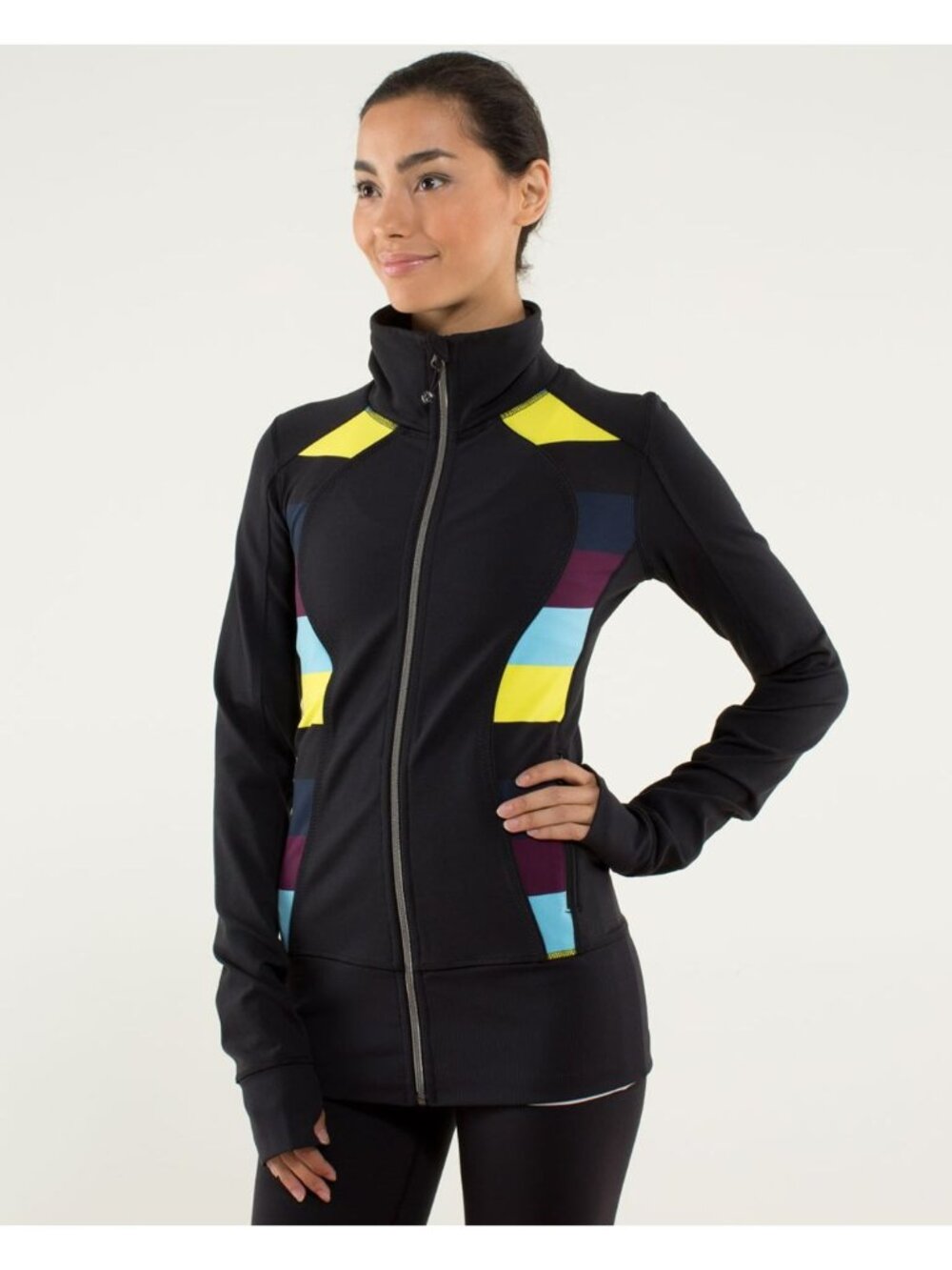 Lululemon 4 Nice Asana Colorblock Jacket Black Split Pea Full Zip Yoga Sporty